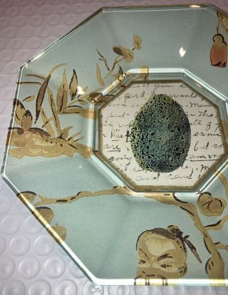 VINTAGE HAND MADE MARYE KELLEY GLASS EGG DECOUPAGE PLATE,  GREEN 5.  7/8 