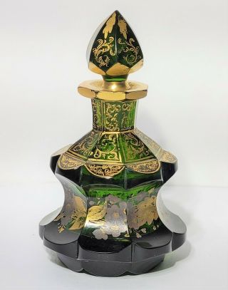 Antique Bohemian Or Sandwich Cut Glass Perfume Bottle Emerald Green Gold Accents