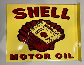 Large Vintage Shell Motor Oil Thick Double - Sided Metal Porcelain Flange Sign