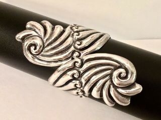 Vintage Mexico Taxco Sterling Silver Wave Design Clamper Hinge Bracelet - Signed