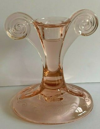 Pink Depression Glass Candle Holder Etched With Hearts And Scrolls Vintage