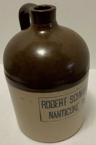 Stoneware 1/2 Gallon Advertising Jug Robert Schwartz Nanticoke,  Pa Good Vintage