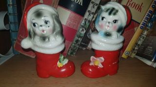 Vintage Christmas Cat And Dog In Boots Salt And & Pepper Shakers Lefton Norcrest