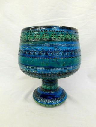 R - - Raymor Blue Green Pedestal Bowl Vintage Textured Italy Italian