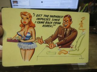 Other Old Bawdy Comic Funny Cartoon Postcard Korean War Bikini Sexy Barmaid Girl