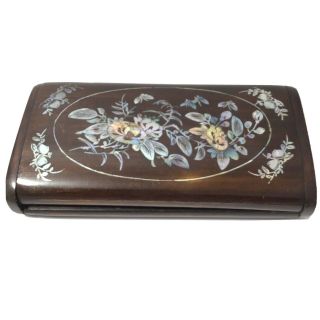 Vintage Mother Of Pearl Abalone Inlay Wood Pencil Box 7” X 4”