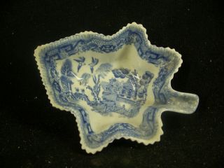 Antique Early 19th C.  English Pearlware Leaf Pickle Dish Blue Willow Sgn " Adams "