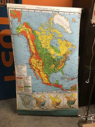 Vintage Nystrom Atwood Pull Down Roll Up Wall Map North America 1953 Classroom