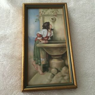Vintage Hand Painted Porcelain Plaque Young Italian Girl Drinking From Fountain