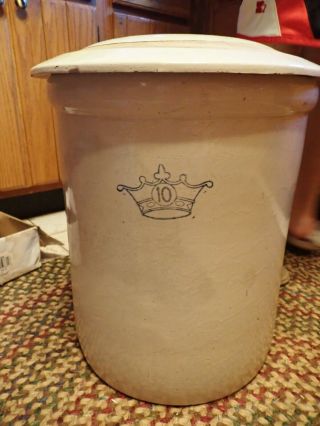 Vintage Antique Stoneware 10 Gallon Crock Large Overall 18 " X 15 " Beige Crown