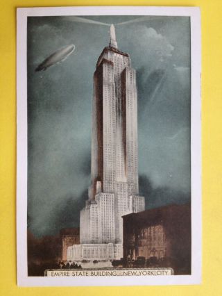 Cpa Old Postcard Usa York City Empire Stae Building Ballon Dirigeable