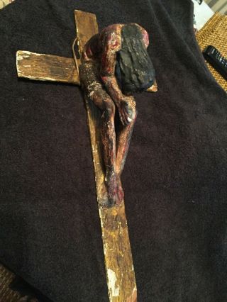 Large 24 " 18th Century Spanish Colonial Hand Carved Corpus Christi On Cross.