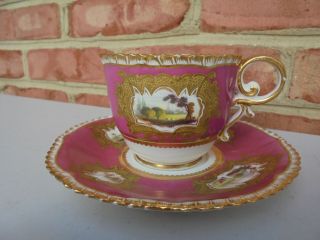 Fine Antique 19th C Porcelain Cup & Saucer Hp Landscapes Pink Ground Gold Trim