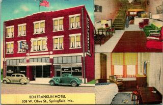 Vtg Linen Postcard Springfield Missouri Mo Ben Franklin Hotel Multiview Int