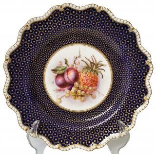 Antique Royal Worcester Cobalt Gold Hand Painted Dessert Fruit Plate - A