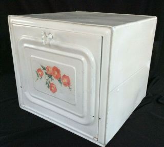 Antique primitive Pie Safe Bread Box White with hand painted peach flowers 2