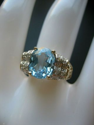 Estate Vintage 10k Yellow Gold Blue Topaz And Diamond Ring Size 6