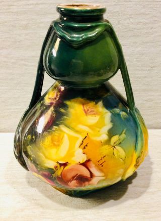 Antique Hand Painted,  Bonn Germany,  Royal,  Yellow Floral Vase,  8 Inches