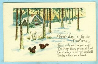 Vintage,  Quatrain Poem,  " Best Wishes For The Year ",  Squirrels In Snow