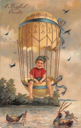 Easter Greetings Boy In Hot Air Balloon Ducks Pfb Vintage Postcard Aa14704