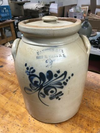 Antique Stoneware Cobalt Decorated Crock And Lid - Haxstun & Co - Ft Edward Ny