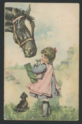 1924 Dachshund Dackel Teckel Little Girl Horse Artist Signed Old Dog Pc