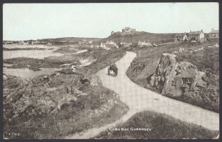 Guernsey,  Channel Islands.  Cobo Bay.  Gent With Horse & Trap.  Vintage Postcard