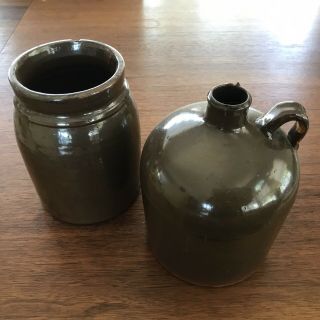 Antique Primitive Brown Salt Glazed Stoneware Whiskey Jug And Pickling Crock