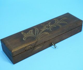 9 " Antique Swiss Wood Carved Jewelry Trinket Pencil Box Edelweiss Key