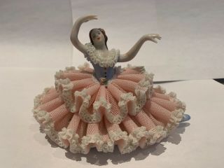 Dresden Lace Porcelain Figurine Of Ballerina Dancer,  German Karl Klette