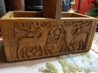 Vtg Hand Carved Folk Art Wood Double Sided Open Storage Box Deer Bunnies Flowers
