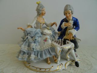 Antique / Vintage Dresden Figurine Porcelain Lace Figure Playing Chess - Germany