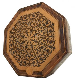 Old 19thc French Or Italian Boulle Victorian Inlaid Wooden Marquetry Octagon Box