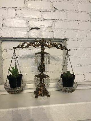 Antique Vintage Brass Marble & Crystal Scales Of Justice Balancing Scale