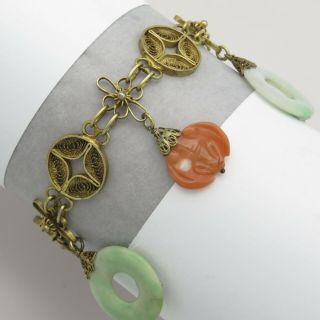 Vtg Chinese Sterling Silver Filigree Carved Coral Bat Jade Charm Bracelet