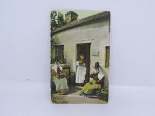 Old Postcard - Welsh Women And Cottage - Colour Card - Wales
