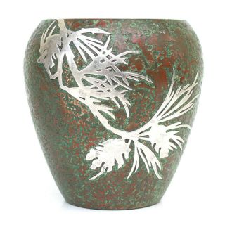 Antique Heintz Type Sterling Silver On Bronze Vase Pine Bough Cone Arts & Crafts