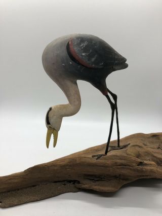 Vintage Stork Bird Drift Wood Carving Statue Signed Folk Art