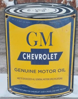 Rare Old Vintage Gm Oil Porcelain Can Sign Chevy Gmc Chevrolet Gas Heavy Metal