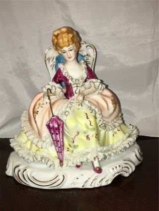 Antique Victorian Dresden? Lady Porcelain Figurine Seated Hand Painted Lace Vtg