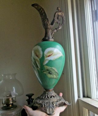 Antique Victorian Fancy Ewer Decorative Urn Hand Painted Milkglass & Brass