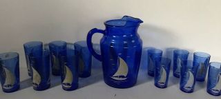 Vintage Cobalt Blue Depression Glass Sailboat Pitcher Tumbler Juice Glasses Set
