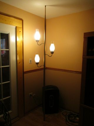 Vintage Mid Century Modern 3 Way Tension Light Pole Floor Lamp Frosted Shades