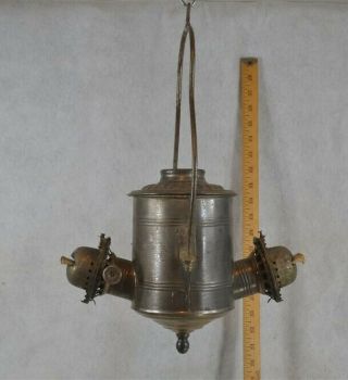 Antique " Angle Lamp " Lantern Oil Kerosene Tin Nickel Hanging Double Burner