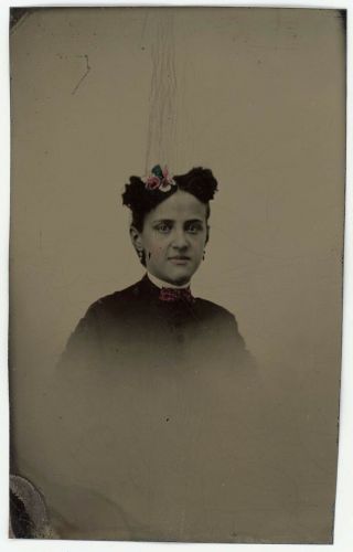 Perhaps Biracial Lady With Flowers In Her Hair Tintype Antique Photo