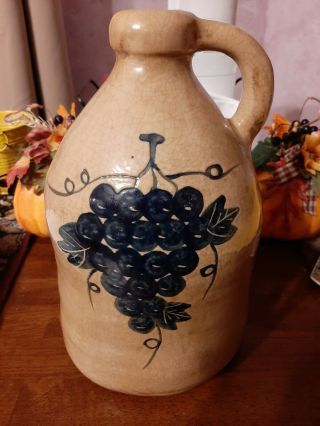 Antique Stoneware Blue Grape & Leaf Salt Glaze Crockery Moonshine Jug