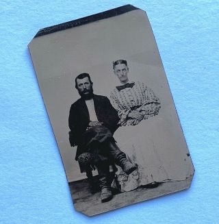 Cavalry Boots Civil War Era Southern Man & Wife C 1860 Tintype Cdv - Size Photo