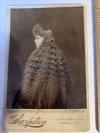 Antique Cabinet Card Photo Of Girl With Exremely Long Wavy Hair Marshall Mi