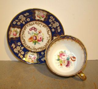 Antique English Hand Painted Flowers On Cobalt Blue w/ Gold 5 Cups & Saucers 2