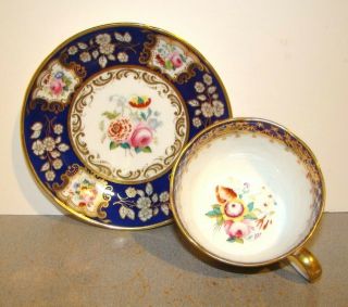 Antique English Hand Painted Flowers On Cobalt Blue w/ Gold 5 Cups & Saucers 3